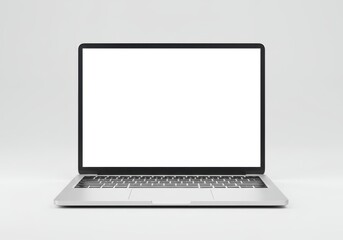 A minimalist laptop with a blank white screen sits on a clean white surface in a studio setting