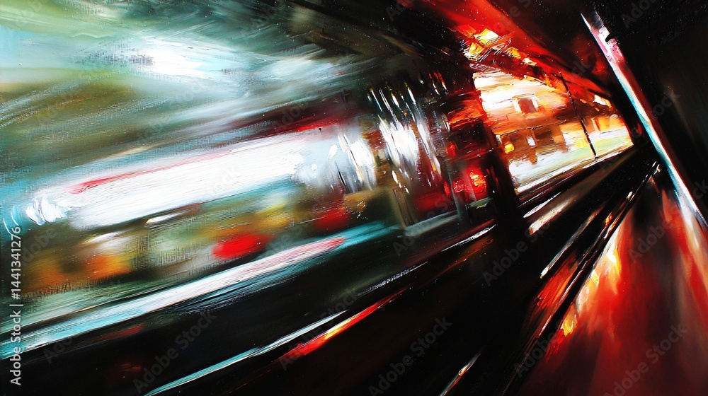 Poster dramatic scene of a train moving through a tunnel with abstract light reflections creating a unique 