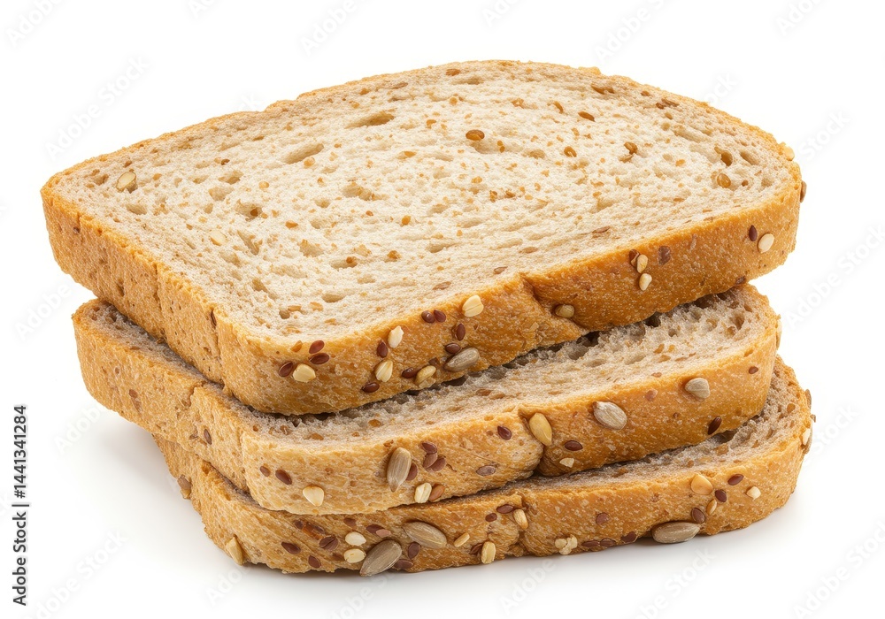 Poster a stack of three slices of whole wheat bread with seeds on a white background in a close up view