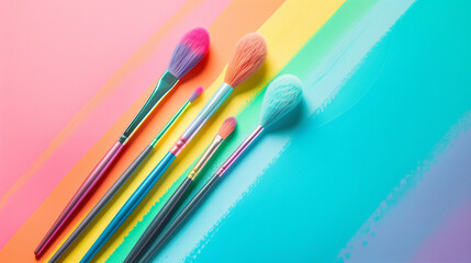 Flat lay of creative tools on rainbow background