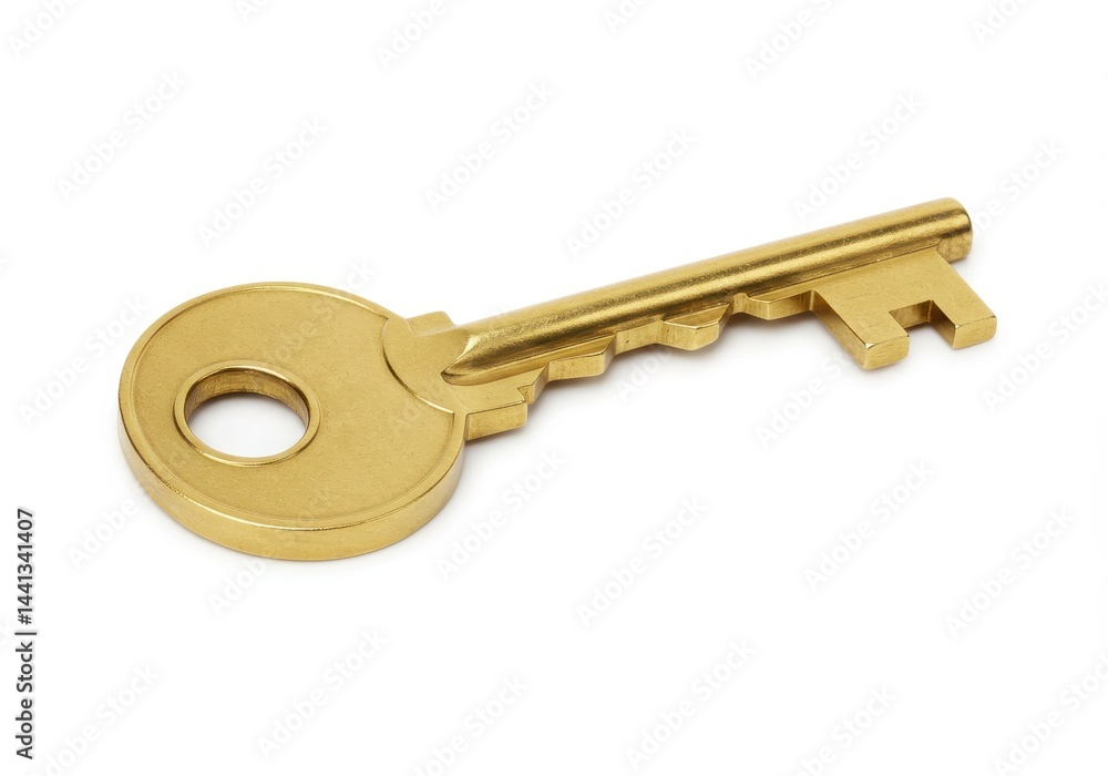 Poster a close up studio shot of a single golden key lying on a white surface casting a soft shadow behind 