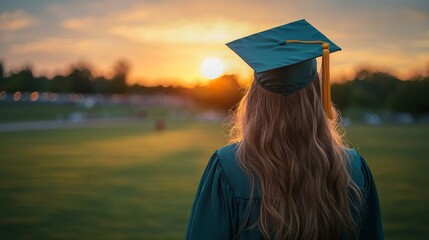 Graduation Ceremony at Sunset with Graduate in Cap and Gown, Capturing the Joy and Achievement of a Milestone Moment