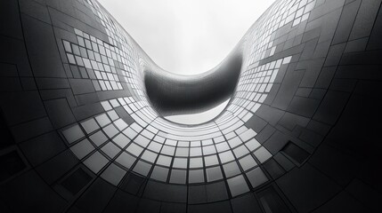 Abstract architectural structure with geometric patterns in black and white.