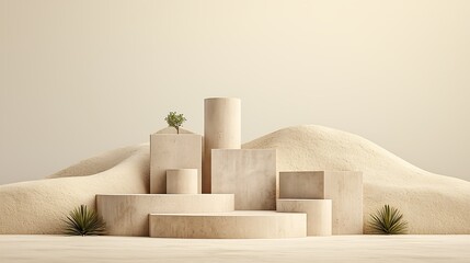 Beige wooden podiums on a sand-like backdrop