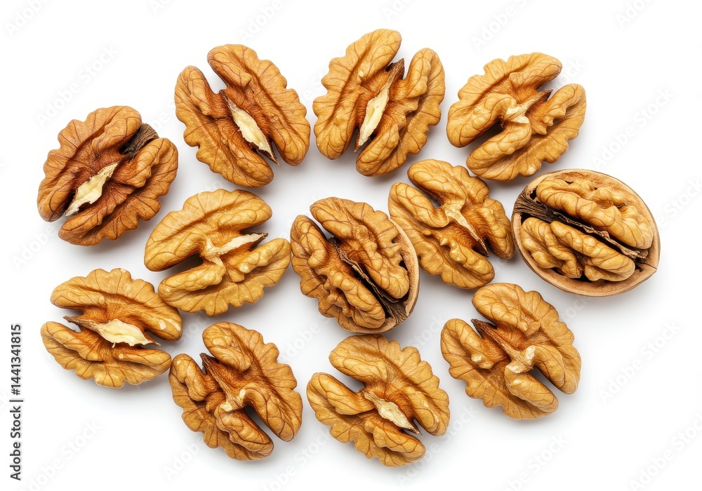 Poster a top down view of a group of shelled walnuts arranged on a plain white surface in a circular patter
