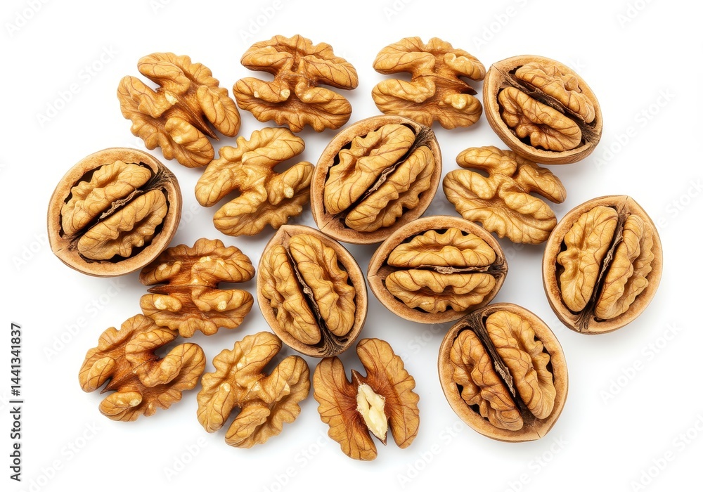 Aufkleber a group of shelled and unshelled walnuts scattered on a white surface in a studio setting view