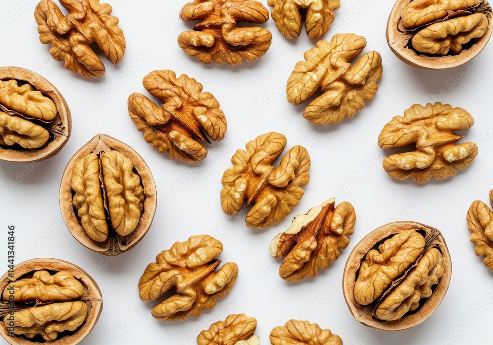 Poster overhead shot of several shelled and unshelled walnuts scattered on a white surface in a pattern