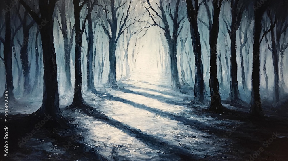 Poster mysterious dark forest pathway surrounded by tall trees and shadows creating an enigmatic and intrig