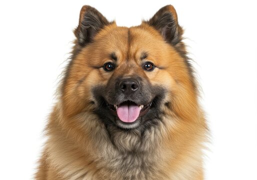A close up portrait of a eurasier dog with brown fur and a pink tongue on a white background