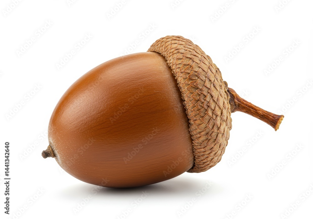 Poster a single acorn with a brown shell and cap lying on a white surface in a studio setting close up shot