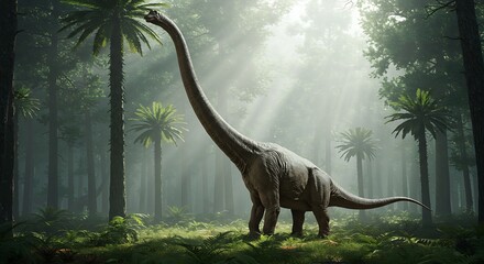 Naklejka premium A large sauropod dinosaur walking through a dense prehistoric forest with sunlight streaming through the trees