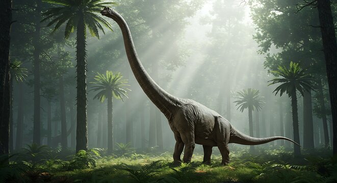 Fototapeta A large sauropod dinosaur walking through a dense prehistoric forest with sunlight streaming through the trees