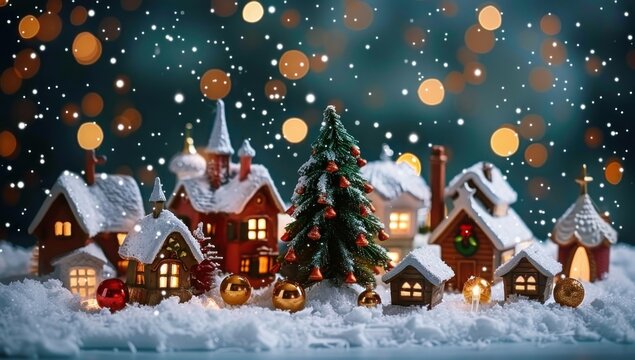 Miniature snow-covered village with small houses, decorated Christmas tree, glowing windows, snowflakes falling and festive ornaments creating a cozy winter holiday atmosphere