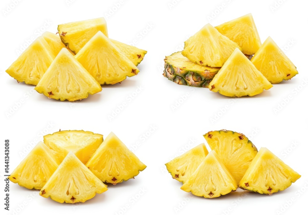 Aufkleber four groups of pineapple chunks arranged on a white background in a studio shot displaying fruit