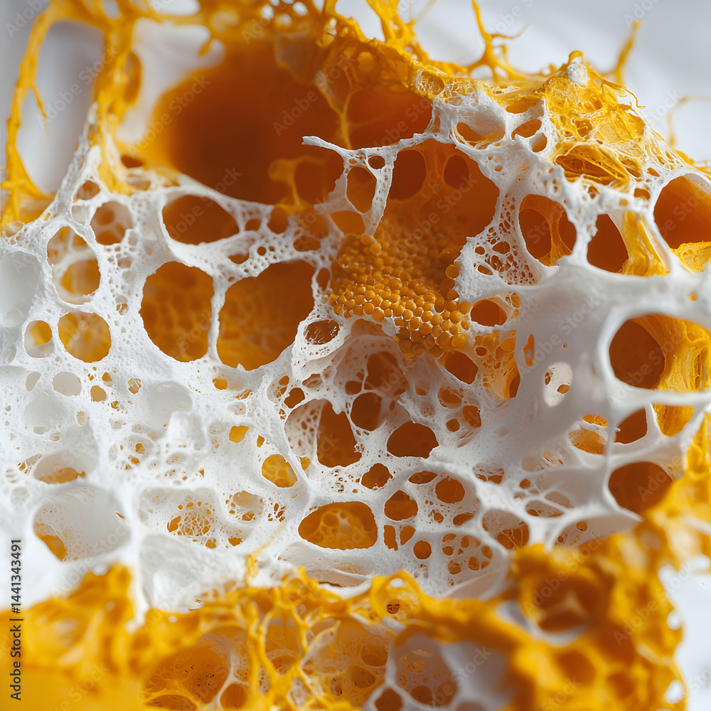 Poster abstract art showcasing a detailed porous structure with orange and white hues. use for texture desi
