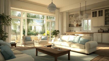 Fototapeta premium Sunny living room, open kitchen, garden view, home design, interior