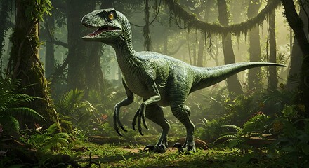 Fototapeta premium Velociraptor dinosaur standing in a dense jungle environment with sunlight filtering through the trees
