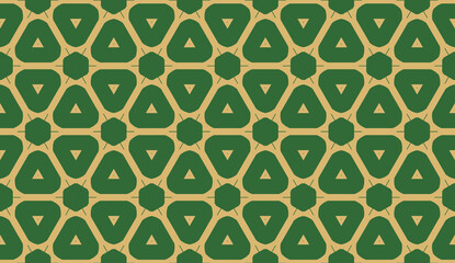 Decorative background with triangles. Curved lines. Vector illustration. Green, gold color. Bright background for poster, banner, flyer. Seamless