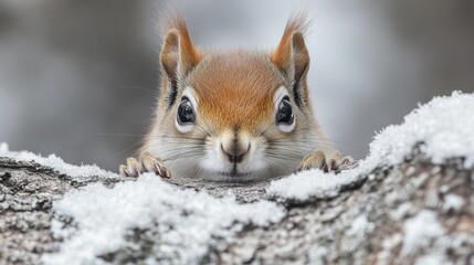 Obraz premium Squirrel peeking over snow covered branch looking at camera in winter.