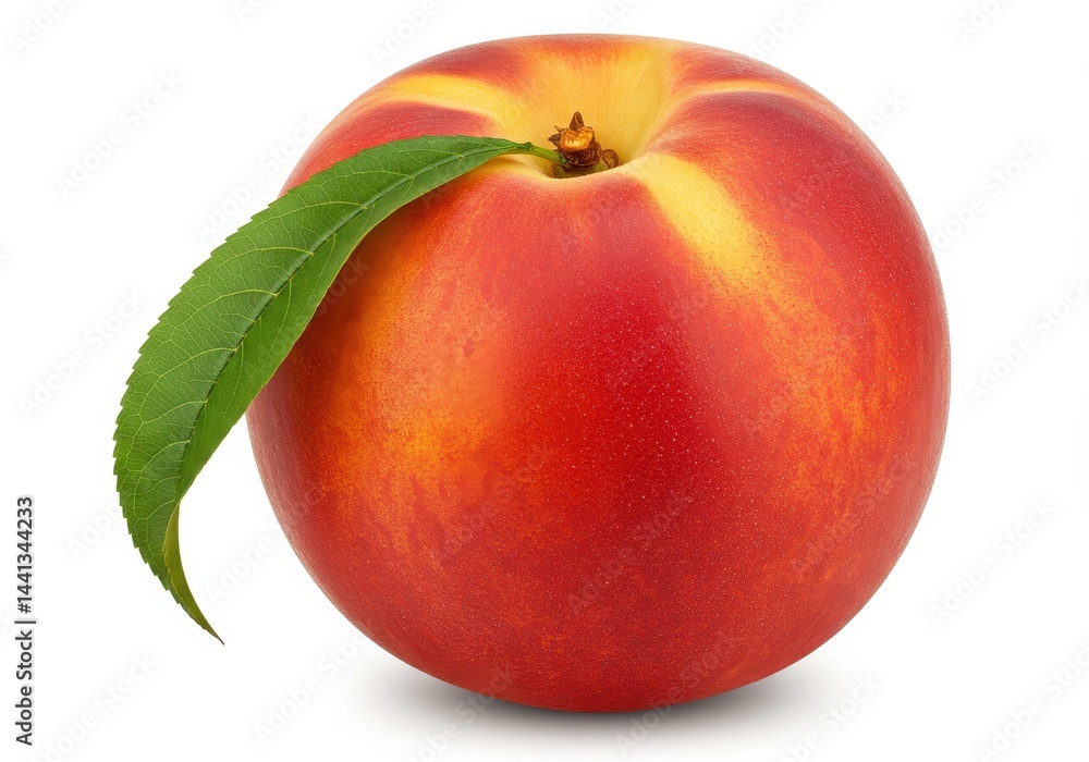 Poster a single ripe nectarine with a green leaf isolated on a white surface in a studio setting view