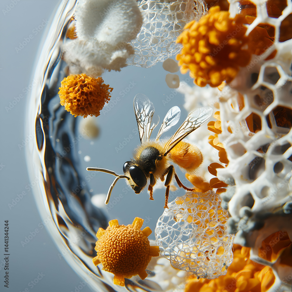 Poster a bee inside a water droplet surrounded by pollen and honeycomb structures. it creates a unique macr