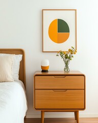 Playful abstract design with circles, triangles, and lines A serene bedroom setting featuring wooden furniture, fresh flowers, and modern art for a calming ambiance.