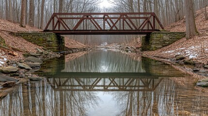 Rusty metal bridge spanning a serene waterway, perfectly mirrored in the still water.  A winter landscape with bare trees lining the banks