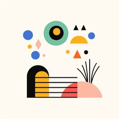 Obraz premium Playful abstract design with circles, triangles, and lines A vibrant, modern artistic composition featuring geometric shapes and colors, perfect for design projects and creative inspiration.