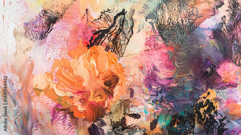 Poster a painting richly layered with a lot of paint in abstract mixed media art creating a tactile and eng