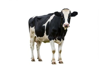 A full body shot of a black and white holstein cow standing on a white background looking forward
