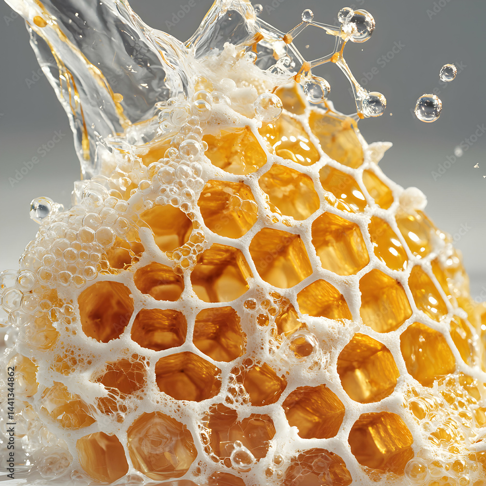 Poster a close-up of honeycomb with water splashing on it. it can be used for product advertisement about h