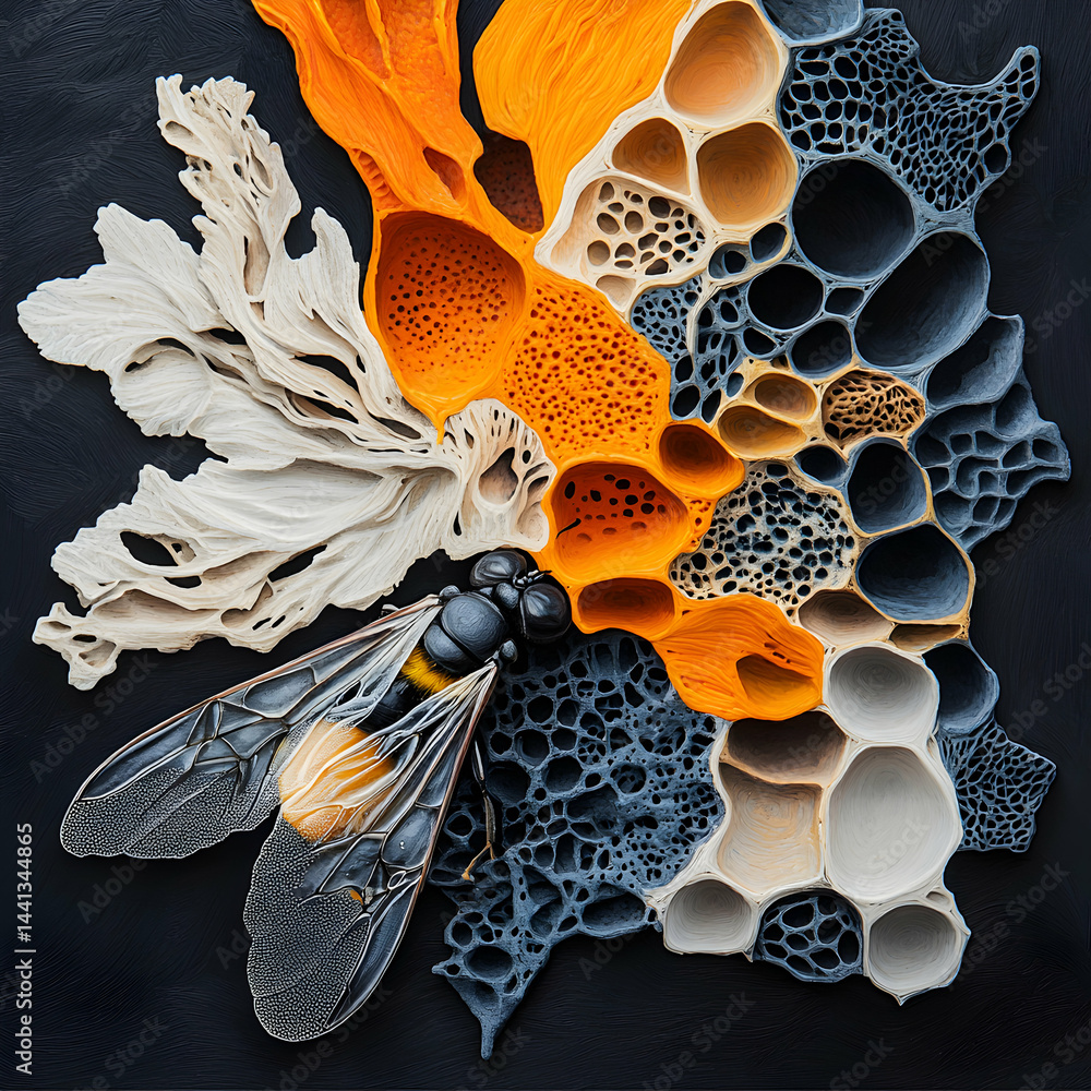 Poster an artistic depiction of a bee and organic structures. it's suitable for a science-inspired art prin