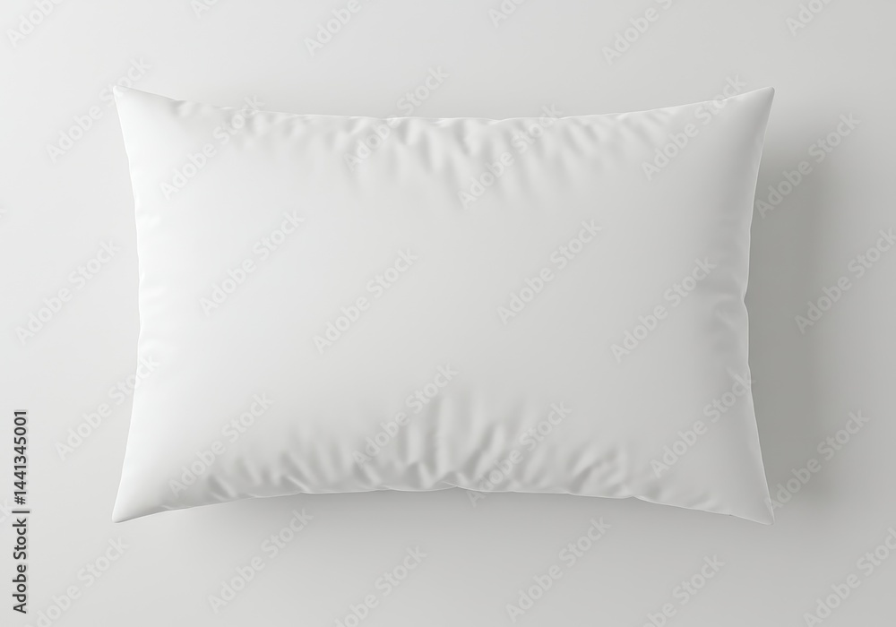 Poster a simple photograph showcasing a white rectangular pillow against a white background in soft lightin
