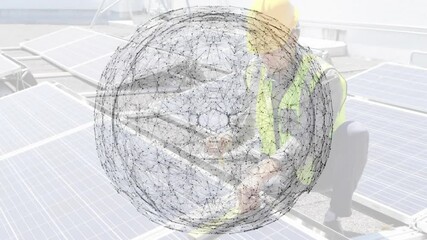 Technician kneeling on rooftop solar panels adjusting rails, showing digital node network overlay - Powered by Adobe