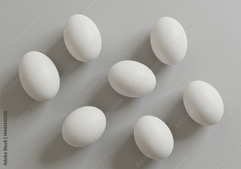 Poster a top view of seven white eggs arranged on a light gray surface in a simple and clean composition