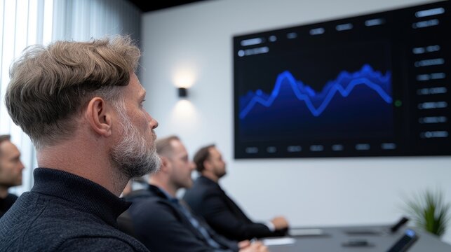 A group of business professionals attentively observing a financial graph displayed on a large screen.