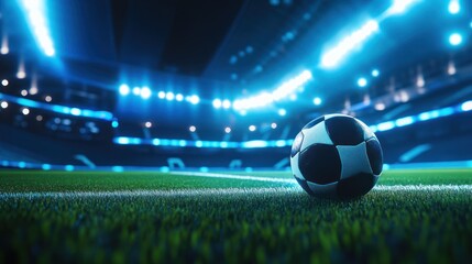 Naklejka premium Illuminated stadium scene with soccer ball on field.