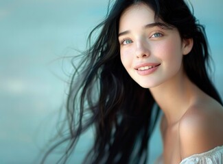 Obraz premium close-up of a person with long flowing dark hair against a soft blue sky background, bare shoulder visible, evoking a calm and serene mood