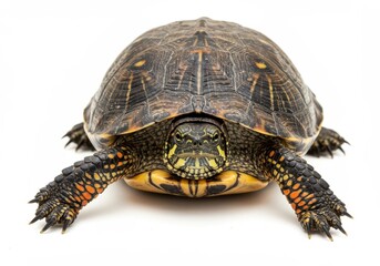Obraz premium Close up shot of a wood turtle with distinctive markings on its shell and limbs on a white background