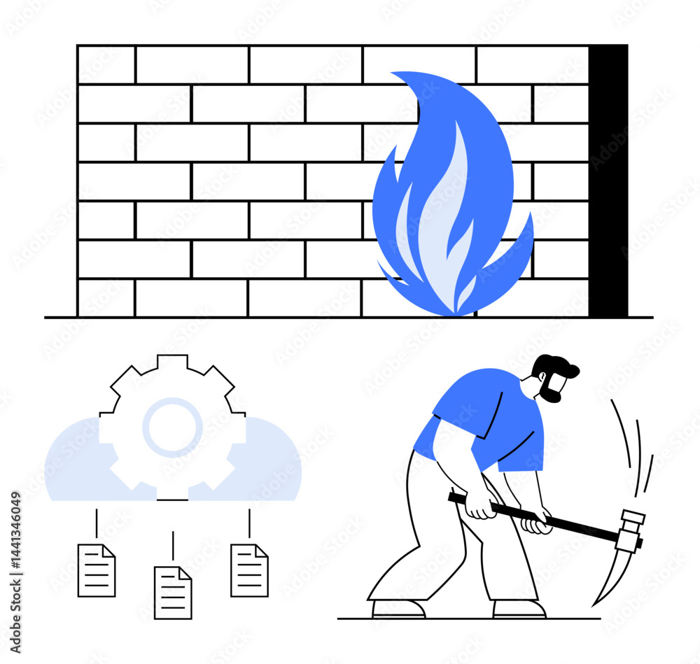Poster firewall with flames, cloud gear with documents, and a hacker wielding a pickaxe. ideal for cybersec