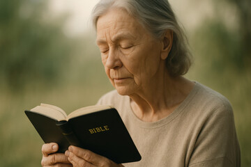 Elderly woman peacefully reading bible outdoors in natural setting