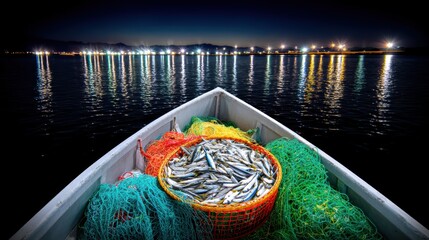 Fototapeta premium Fishing boat at night with illuminated waterfront.