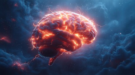Obraz premium Glowing human brain illuminated with fiery electric currents surrounded by dark moody clouds creating intense and dynamic atmosphere