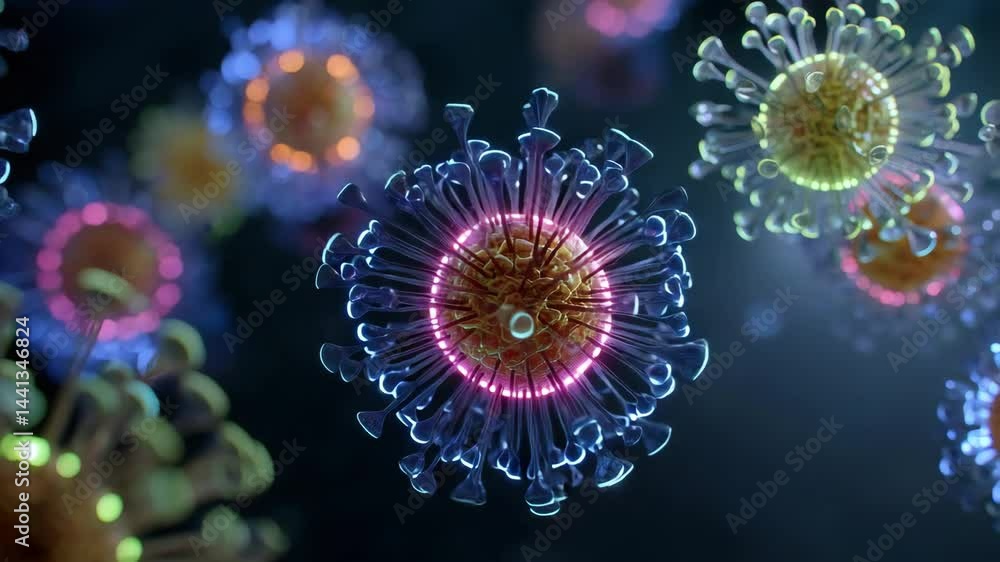 Aufkleber a detailed, colorful 3d rendering of virus particles with spiky outer structures floating in a dark 