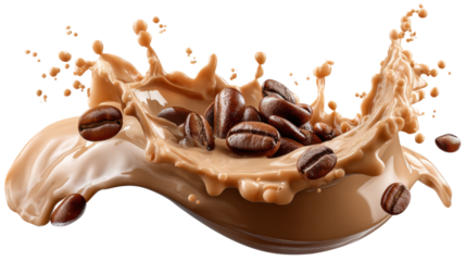 Coffee beans are spread out with coffee water as a beautiful base on a transparent background.