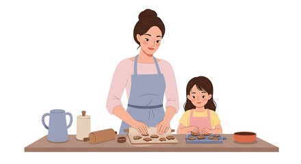 Mother and Daughter Baking Cookies Together at Home