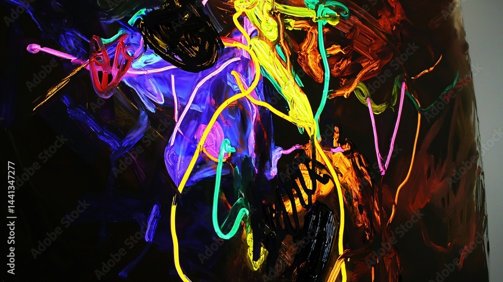 Poster vibrant abstract painting featuring many colored lines creating an energetic atmosphere with a uniqu
