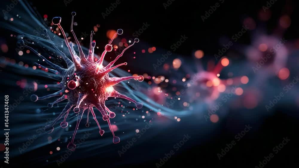 Poster a digitally rendered close-up of a glowing virus particle surrounded by abstract light trails and pa