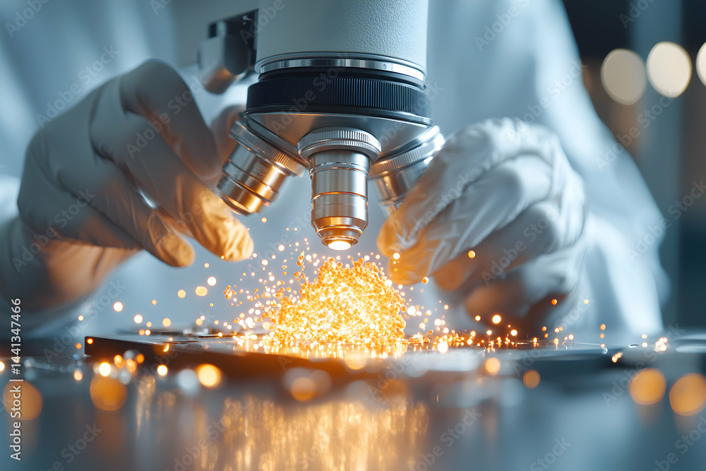 Poster a scientist uses a microscope. the image showcases research under magnification. it is suitable for 