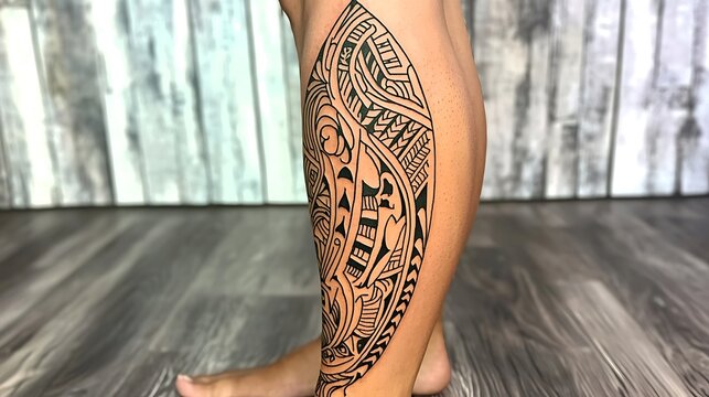 A person has a tattoo on their leg that is a tribal design